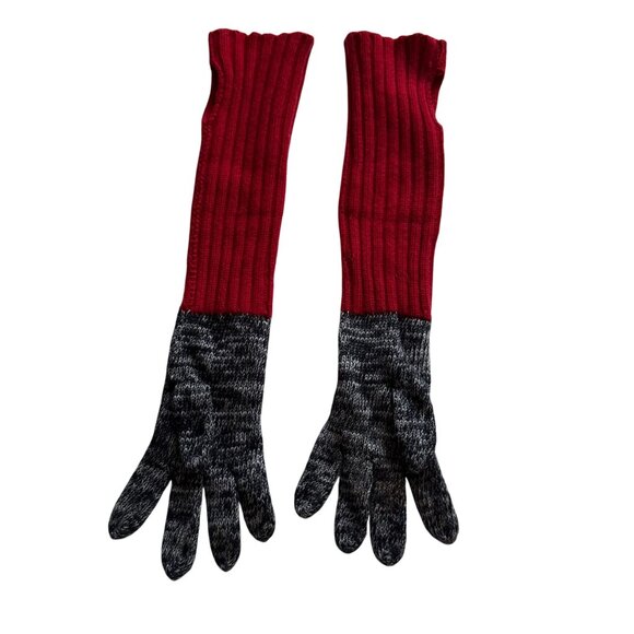VTG Neiman Marcus Full Finger Knit Long Arm Warmers Gloves Small Red Black - Picture 6 of 9